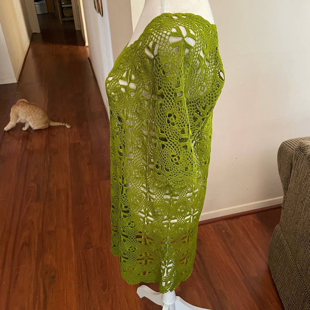 Unbranded green floral crochet tunic long top lace MEDIUM sheer short sleeve - Picture 11 of 13
